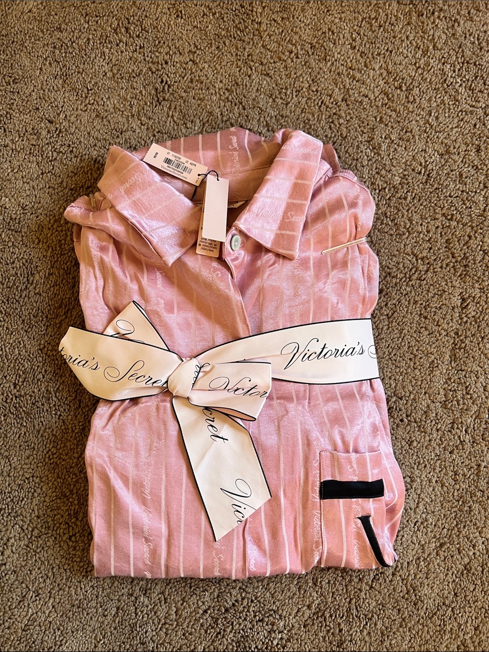 Victoria's Secret Pink Striped Satin Pajama Set with Ribbon